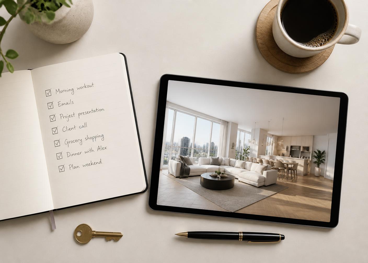 Aufgeräumter Schreibtisch mit Checkliste und Tablet – die strukturierte Vorbereitung der Zusammenarbeit